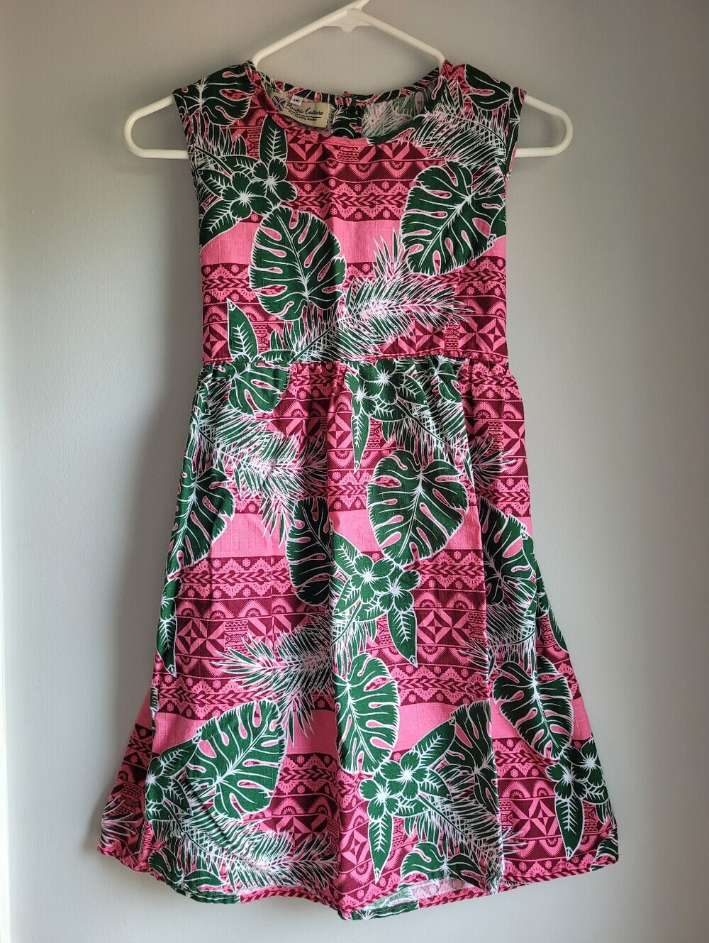 Pacific Culture Girls' Pink Tropical Leaf Sleeveless Dress Size 12(fit Size 10)